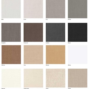 May include: A collection of fabric swatches in various neutral colors, including white, gray, and brown. Each swatch is labeled with its color name, such as "Mist," "Dove," "Graphite," and "Black." The fabrics have a textured appearance.