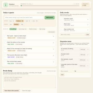 May include: A digital daily planner interface titled The Quest Log of Level Up. The layout features sections for Today's quests, Daily streaks, a Dopamine menu, and a Brain dump. It uses a light beige color scheme with green and white accents.