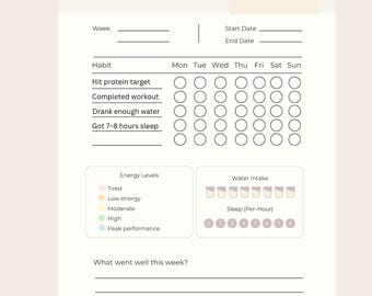 Outil de suivi de la progression de la condition physique PDF | Outil de suivi simple des entraînements et des habitudes | Fiche de responsabilité Perte de poids + Gym | Plan de santé imprimable minimaliste