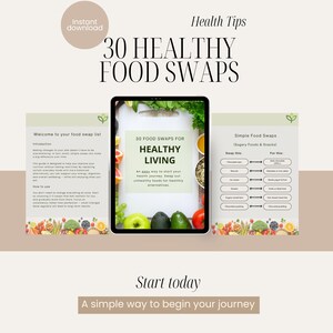 Puede incluir: Una descarga digital titulada "30 Healthy Food Swaps" con el texto "Health Tips". La imagen presenta una tableta que muestra una guía con sugerencias de intercambio de alimentos, junto con dos páginas informativas y productos frescos.