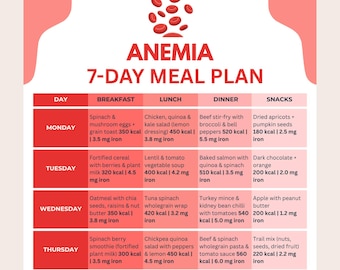 Guide d'assistance des aliments contre l'anémie | Régime alimentaire carence en fer PDF imprimable | Plan de repas riche en fer de 7 jours avec teneur en fer | Plan de repas sains
