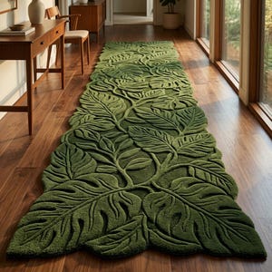 May include: A green, leaf-patterned runner rug. The rug features a detailed, raised design of large leaves and vines, creating a three-dimensional effect. The rug is placed on a hardwood floor in a hallway, adding a natural, organic element to the space.