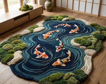 Japanese Koi Fish Pond Rug, Tufted Moss Rug, Irregular Blue Green Area Rug, Zen Japandi Living Room Carpet, Handmade Nature Rug