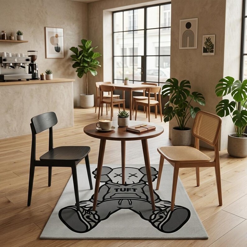 K&ouml;nnte beinhalten: Moderne Innenansicht mit einem runden Holztisch, einer Kaffeetasse und einem Notizbuch. Ein schwarzer Stuhl und ein hellbrauner Stuhl mit geflochtener R&uuml;ckenlehne umgeben den Tisch. Ein Teppich mit einer grauen Cartoonfigur liegt auf dem Boden.