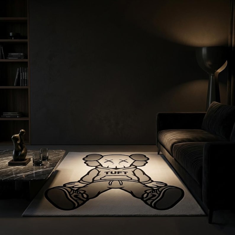 Kaws Style Skull Character Rug, Black Grey Tufted Wool Area Rug, Streetwear Cartoon Living Room Carpet | 5x7 Bild 9