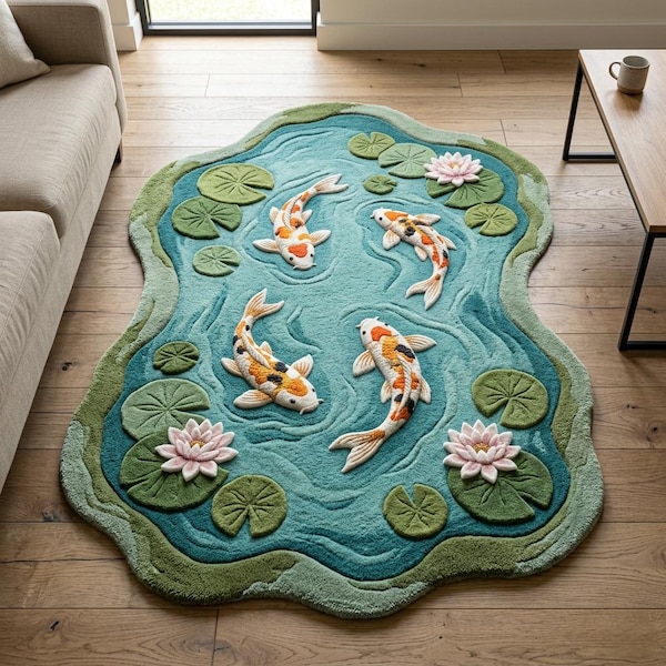 Koi-Fischteichteppich, handgetufteter Wollteppich, Lotus-Lilienblattdesign, blaugrüner unregelmäßiger Formteppich für Wohnzimmer-Dekor