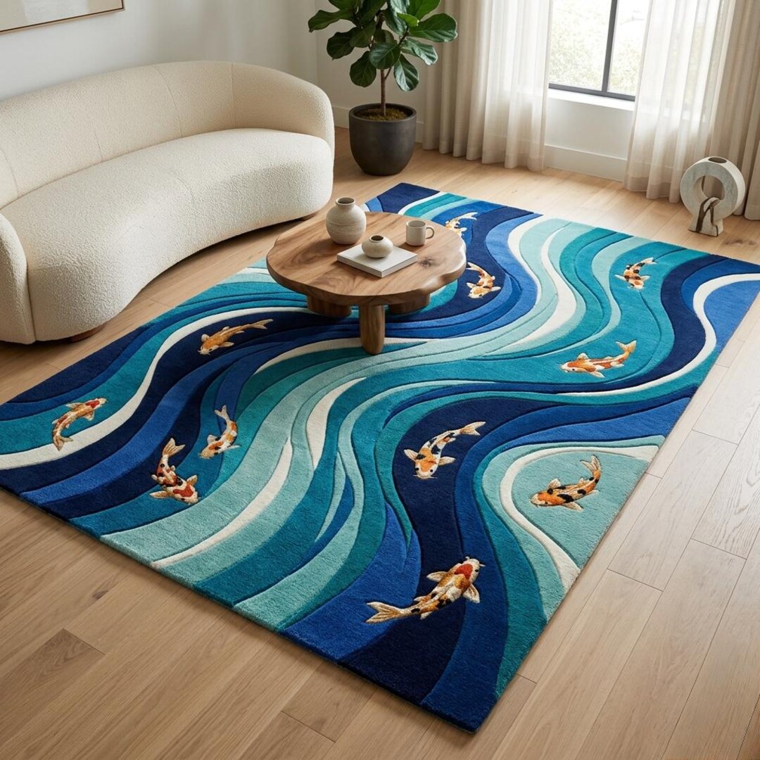 Fish Tuft Rug Blue Koi Fish Tufted Rug, Ocean Wave Area Rug, Handmade Wool Carpet ...