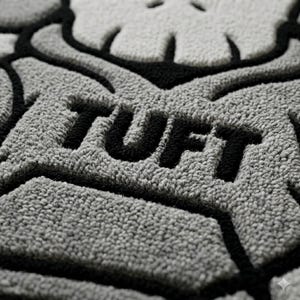 K&ouml;nnte beinhalten: Nahaufnahme eines grau-schwarzen Tufting-Teppichs. Das Wort "TUFT" ist in Schwarz dargestellt, mit einem strukturierten, erhabenen Design. Der Teppich hat ein weiches, pl&uuml;schiges Aussehen mit einem detaillierten Muster.