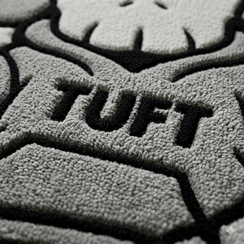 K&ouml;nnte beinhalten: Nahaufnahme eines grau-schwarzen Tufting-Teppichs. Das Wort "TUFT" ist in Schwarz dargestellt, mit einem strukturierten, erhabenen Design. Der Teppich hat ein weiches, pl&uuml;schiges Aussehen mit einem detaillierten Muster.