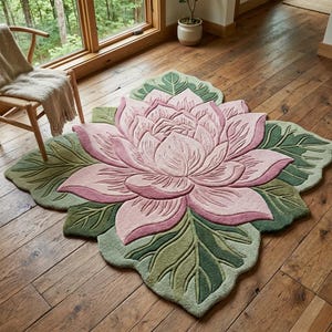 Lotus Flower Tufted Wool Rug, Pink Green Floral Area Rug, Botanical Irregular Shape Living Room Decor Rug | 3x5 5x7
