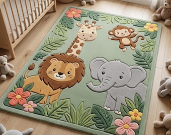 Kids Jungle Animal Rug, Cute Safari Nursery Rug, Hand Tufted Wool Area Rug, Lion Elephant Giraffe Monkey Design, Green Kids Room Decor | 5x8