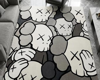 Handmede Hypebeast Rug, Hand Tufted Wool Area Rug, X Eyes Street Art Carpet, Modern Living Room Decor, Black Grey Pop Art Rug | 5x8