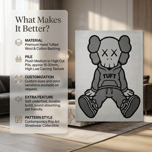 K&ouml;nnte beinhalten: Grau-wei&szlig;er Teppich mit einer Cartoonfigur mit X-f&ouml;rmigen Augen und dem Wort "TUFT" auf dem Kapuzenpullover. Der Teppich besteht aus hochwertiger, handgetufteter Wolle und Baumwolle. Der Flor ist weich, mittel bis hoch, ca. 1,5-2 cm.