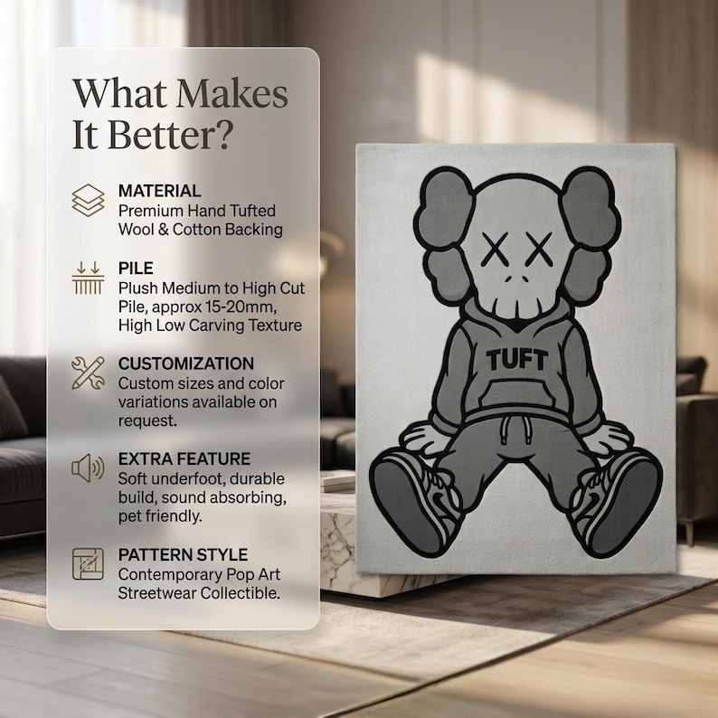 K&ouml;nnte beinhalten: Grau-wei&szlig;er Teppich mit einer Cartoonfigur mit X-f&ouml;rmigen Augen und dem Wort "TUFT" auf dem Kapuzenpullover. Der Teppich besteht aus hochwertiger, handgetufteter Wolle und Baumwolle. Der Flor ist weich, mittel bis hoch, ca. 1,5-2 cm.