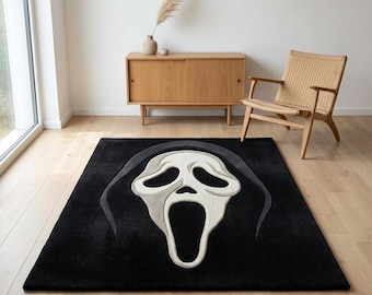 Handmade Black White Ghost Face Tufted Wool Rug, Horror Skull Area Rug, Living Room, Gothic Room Decor Carpet, Halloween Rug | 5x8 7x10