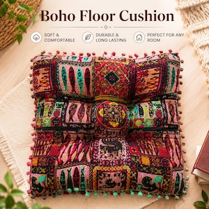 Boho Tufted Floor Cushion | Moroccan Patchwork Meditation Pillow, Chair Pad