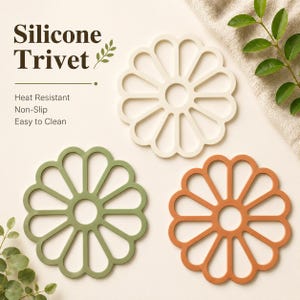 Flower Silicone Trivet | Heat Resistant Pot Holder | Daisy Shaped Hot Pad | Non-Slip Kitchen Mat | Modern Kitchen Decor