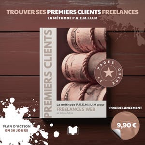 Peut inclure: Couverture de livre avec le titre "TROUVER SES PREMIERS CLIENTS FREELANCES" et "LA MÉTHODE P.R.E.M.I.U.M". La couverture présente des rouleaux d'argent liés avec de la corde. Le texte comprend "PREMIERS CLIENTS", "31 PAGES GUIDE", et "PLAN D'ACTION EN 30 JOURS".