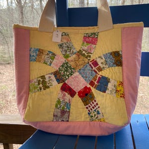 tote bag made from vintage double wedding ring quilt