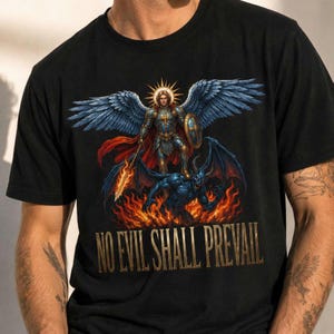 Ärkeängeln Michael-tröja för män, ingen ondska skall segra T-shirt, kristen grafisk T-shirt, ärkeängeln Michael-tröja, katolsk gåva för honom