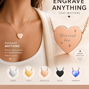 Può includere: Collana con ciondolo a cuore in oro rosa con la scritta "Incidi qualsiasi cosa" e "Le tue parole qui". L'immagine mostra opzioni in argento, oro, nero e arcobaleno. La collana è incisa al laser e resistente all'acqua.