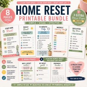 Può includere: Un pacchetto stampabile Home Reset con 8 pagine in totale. Il pacchetto include guide giornaliere, settimanali e di decluttering, più pagine bonus. Il design è semplice, visivo ed efficace, con colori rosa e verde.