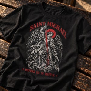 Saint Michael Archangel Shirt, Defend Us in Battle T-Shirt, Catholic Warrior Tee, Gothic Christian Apparel, St Michael Religious Gift men