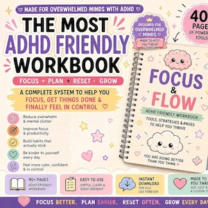 Può includere: Quaderno di lavoro per l'ADHD intitolato "The Most ADHD Friendly Workbook". La copertina presenta "Focus & Flow" e un'illustrazione di nuvola. Offre strumenti, strategie e pagine per aiutarti a prosperare, con più di 40 pagine.