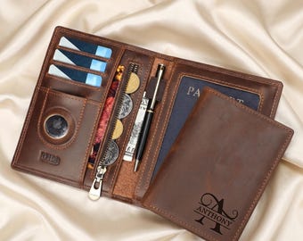 Custom AirTag Leather Passport Holder, Personalized RFID Travel Wallet, Engraved Cover, Groomsmen Anniversary Gift for Him