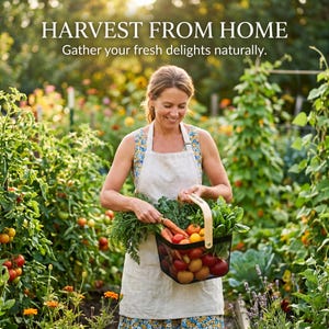 Pu&ograve; includere: Una donna con un grembiule e un vestito floreale tiene in mano un cestino di filo nero pieno di verdure fresche in un giardino. Il cestino contiene pomodori, carote e verdure a foglia verde. Il testo "HARVEST FROM HOME" e "Gather your fresh delights naturally" sono in alto.