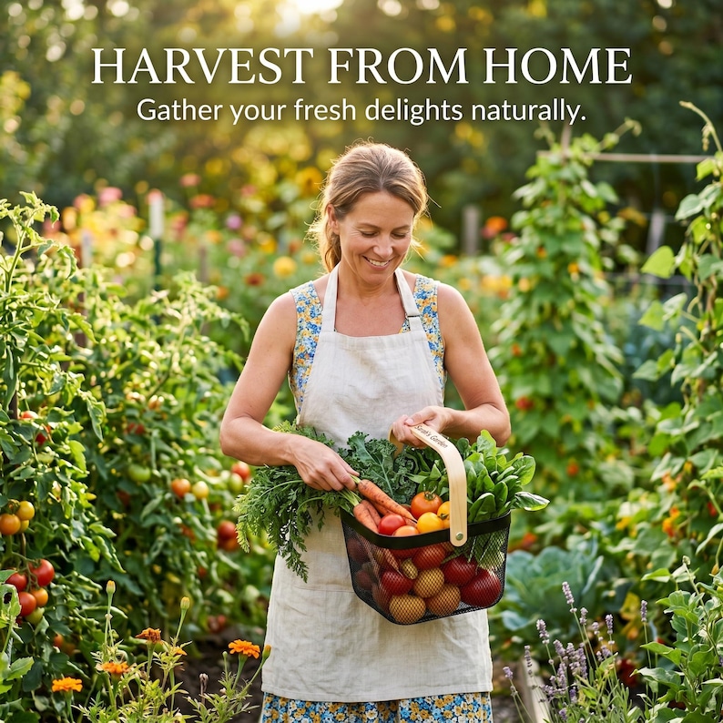 Pu&ograve; includere: Una donna con un grembiule e un vestito floreale tiene in mano un cestino di filo nero pieno di verdure fresche in un giardino. Il cestino contiene pomodori, carote e verdure a foglia verde. Il testo "HARVEST FROM HOME" e "Gather your fresh delights naturally" sono in alto.
