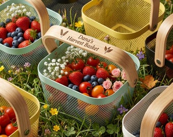 Personalized Harvest Basket, Custom Garden Hod, Engraved Wood Handle, Washable Veggie Mesh, Gift for Gardeners, Mothers Day Gift
