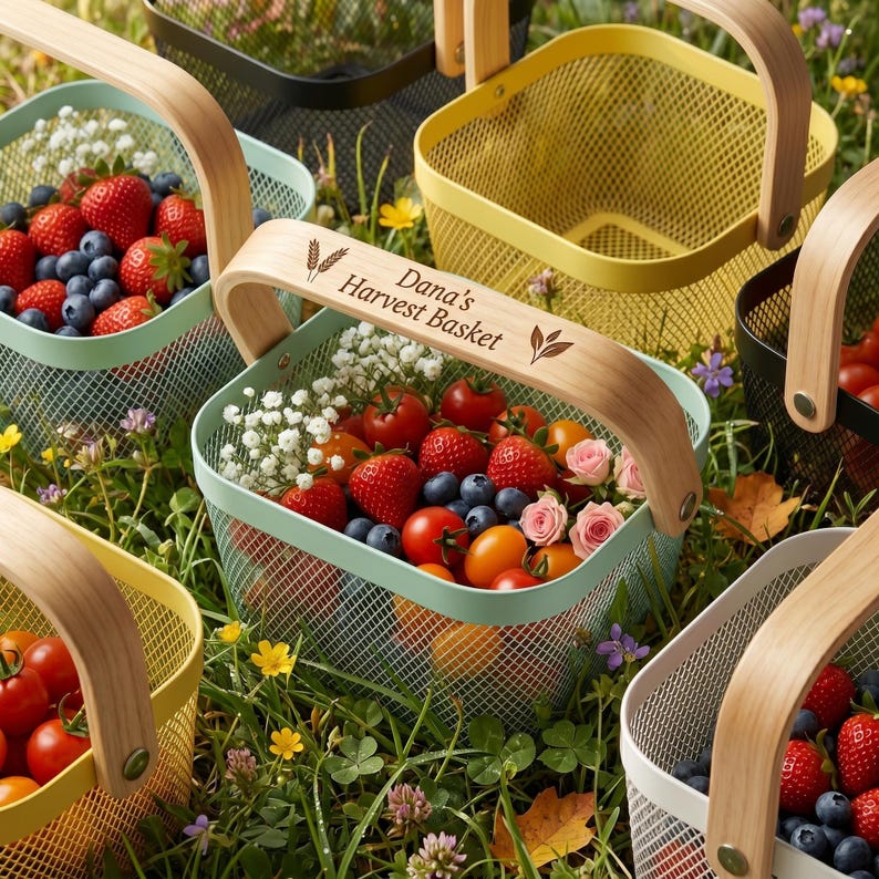 Pu&ograve; includere: Una collezione di colorati cesti per la raccolta in rete metallica con manici in legno, riempiti con fragole fresche, mirtilli e pomodori. Un cesto ha il testo "Dana's Harvest Basket". I cesti sono in un ambiente erboso.