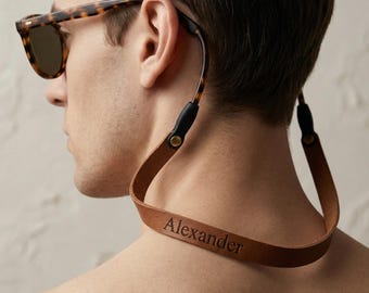Personalized Leather Sunglass Strap | Custom Eyewear Retainer | Groomsmen Gift | Outdoor Adventure Present | Engraved Glasses Cord