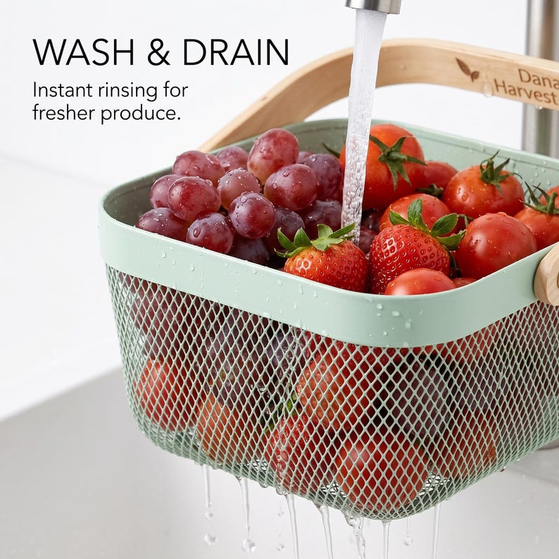 Pu&ograve; includere: Un cestino a rete verde menta pieno di uva rossa, fragole e pomodori sotto l'acqua corrente. Il cestino ha un manico in legno e il testo "WASH & DRAIN" &egrave; visibile. Il cestino &egrave; progettato per risciacquare i prodotti.