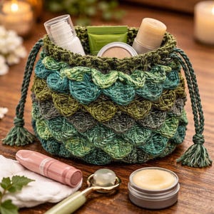 May include: A handmade, green and blue crochet drawstring bag filled with beauty products. The bag has a textured, scale-like pattern and a braided drawstring. Additional beauty items, including a lip product and a face roller, are arranged nearby.