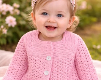 Modello PDF per cardigan da neonato all'uncinetto – Design traforato senza cuciture, da neonato a 18 mesi