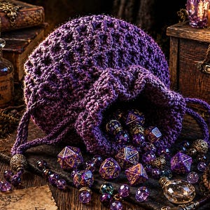 Op de afbeelding: Een dieppaarse gehaakte dobbelzak, overvol met polyhedrale dobbelstenen in paarse en gouden tinten. De scène omvat een fles met het opschrift "Arcane Ink" en andere fantasy-items, alles op een houten oppervlak.
