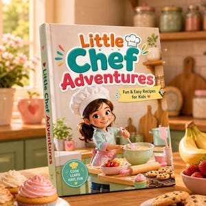 以下が含まれることがあります： 「Little Chef Adventures」というタイトルの子供向け料理本。表紙には漫画のシェフのイラストが描かれています。画像には、カップケーキ、クッキー、フルーツが写っており、子供向けの楽しく簡単なレシピをテーマにしていることを示唆しています。
