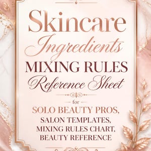 May include: A rectangular reference sheet with a rose gold border and marble background. The text reads: Skincare Ingredients MIXING RULES Reference Sheet for SOLO BEAUTY PROS, SALON TEMPLATES, MIXING RULES CHART, BEAUTY REFERENCE. Decorative rose gold leaves.