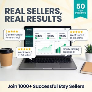 May include: A laptop displaying Etsy shop performance metrics, including views, sales, and favorites, with positive growth charts. Text reads "Real Sellers, Real Results" and "Join 1000+ Successful Etsy Sellers."