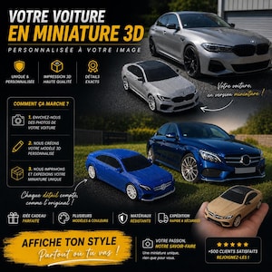 Peut inclure: Publicité pour des voitures miniatures 3D. L'image présente plusieurs modèles réduits de voitures de différentes couleurs, dont argent, bleu et beige. Le texte en français comprend les phrases « VOTRE VOITURE EN MINIATURE 3D » et « AFFICHE TON STYLE ».