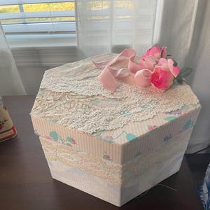 Victorian Style Remade Hat Box, 12” diameter widest point, 6-1/2” high