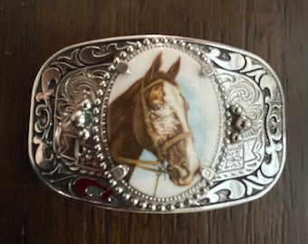 Horse head Belt Buckle, silver tone, 3” X 2”