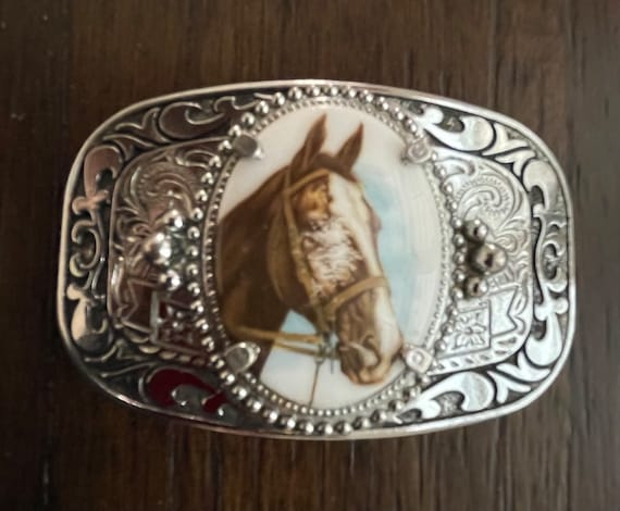 Horse head Belt Buckle, silver tone, 3” X 2” - image 1