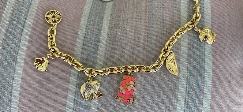 May include: Gold-toned charm bracelet with various charms, including a seashell, elephant, and a pink floral design. Other charms include a lemon slice and a decorative wheel. The bracelet is on a striped background.
