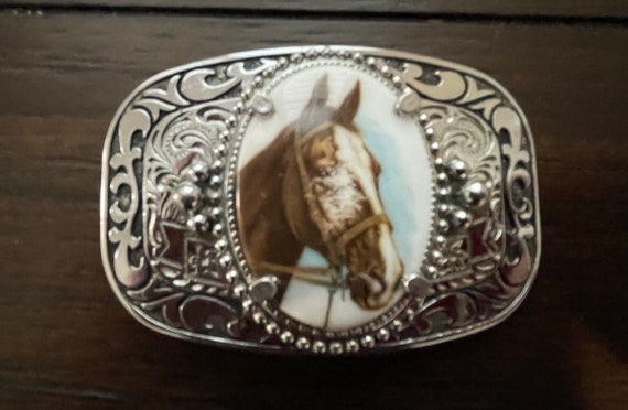 Horse head Belt Buckle, silver tone, 3” X 2” - image 2