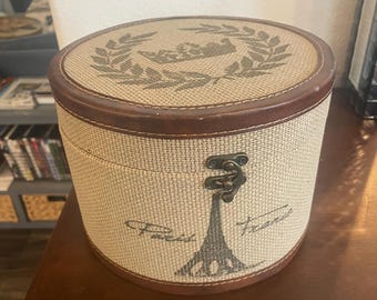 Round Fabric covered Hard Board Box with Metal front closure, 8-3/4” diameter, 6-1/2” high