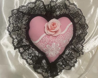 Heart Decor Pillow, appx 15” total measurement with lace ruffle