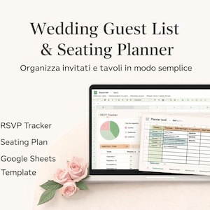 Può includere: Un laptop mostra una lista degli invitati al matrimonio e un organizzatore dei posti a sedere. Lo schermo mostra un foglio di calcolo con un tracker RSVP e una mappa dei posti a sedere. Il testo recita "Wedding Guest List & Seating Planner" e "Google Sheets Template."